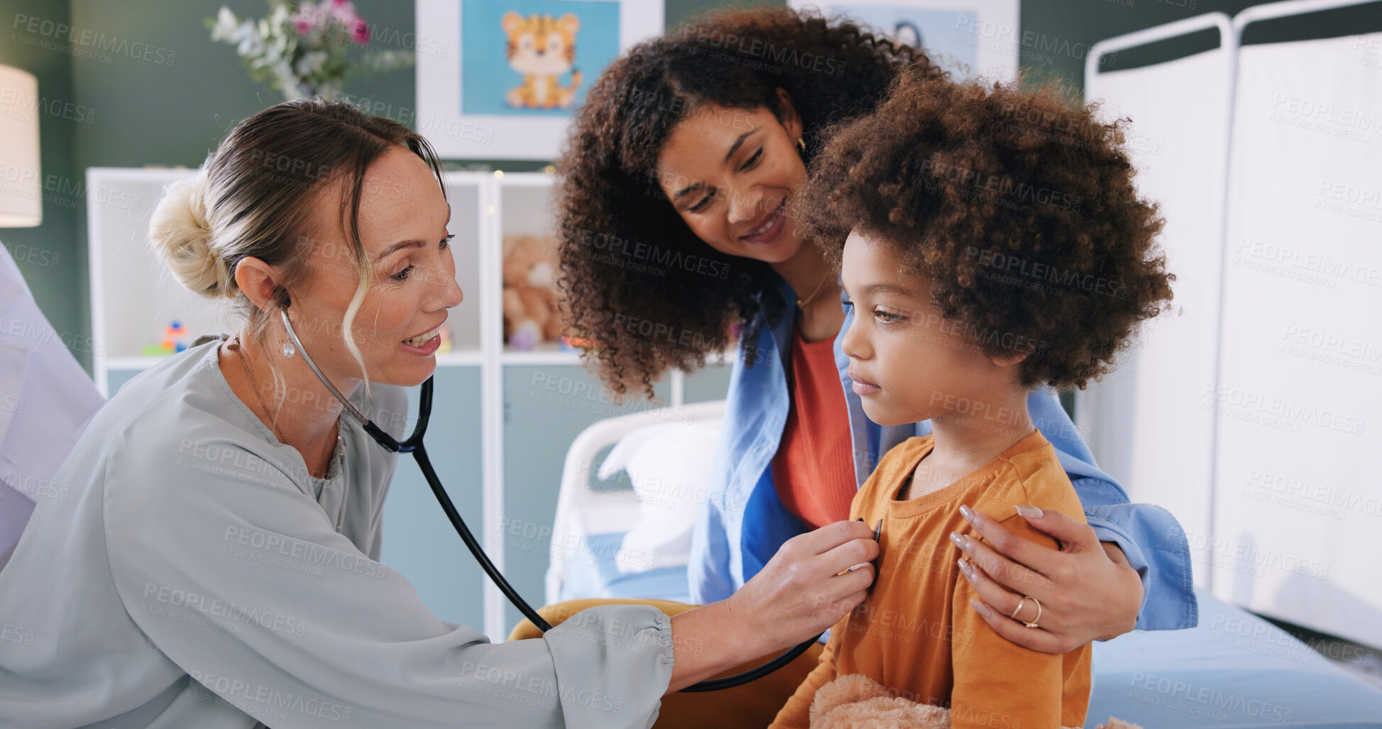 Buy stock photo Kid, mother and doctor with stethoscope for healthcare exam, heart check up and cardiology in clinic. Pediatrician, parent and woman with child for lung test, breathing or medical assessment on chest