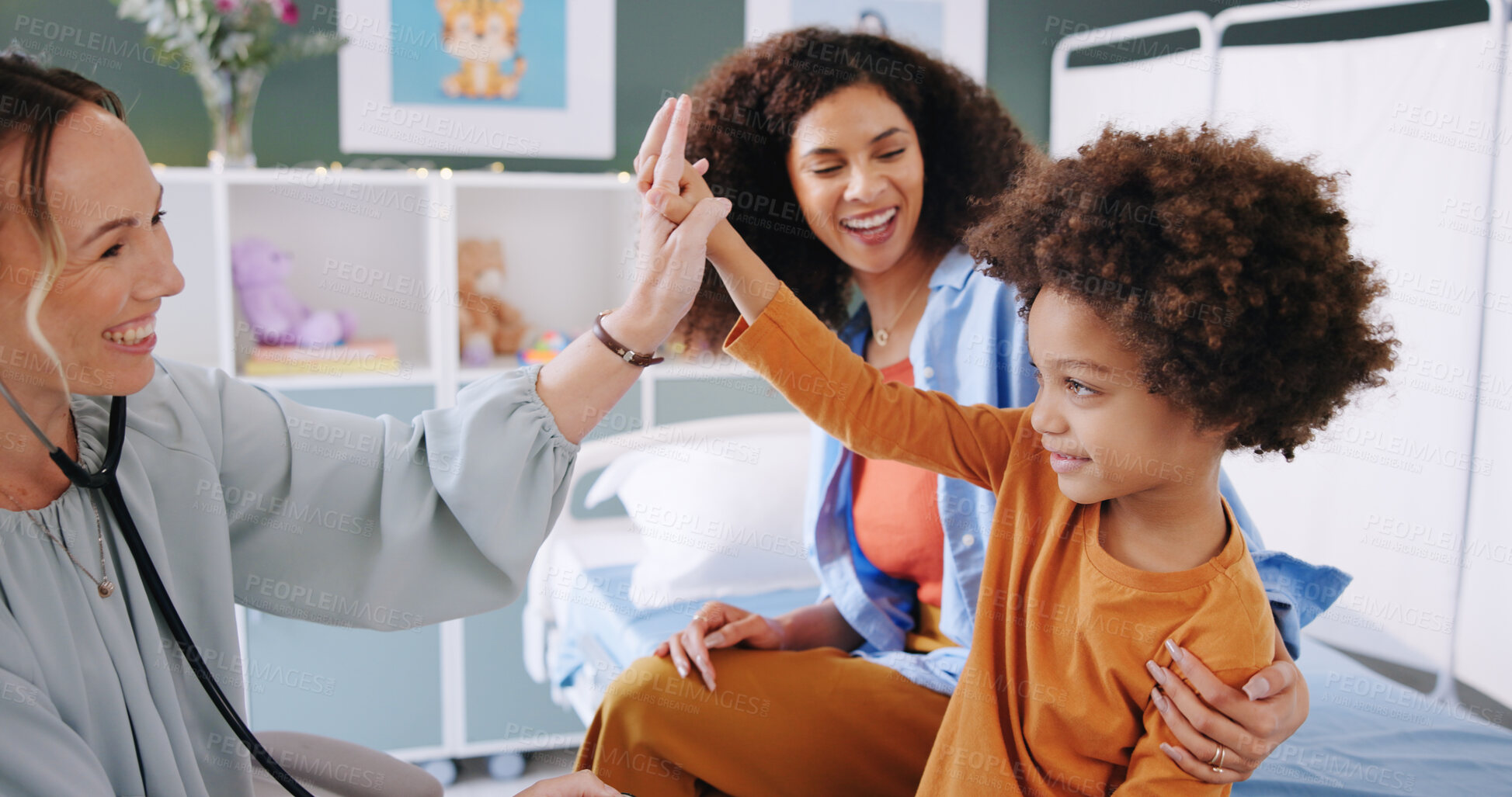 Buy stock photo Doctor, child and high five for check up, test results and hospital support for health examination. Pediatrician, medical expert and happy boy with consultation, comfort and healthcare appointment