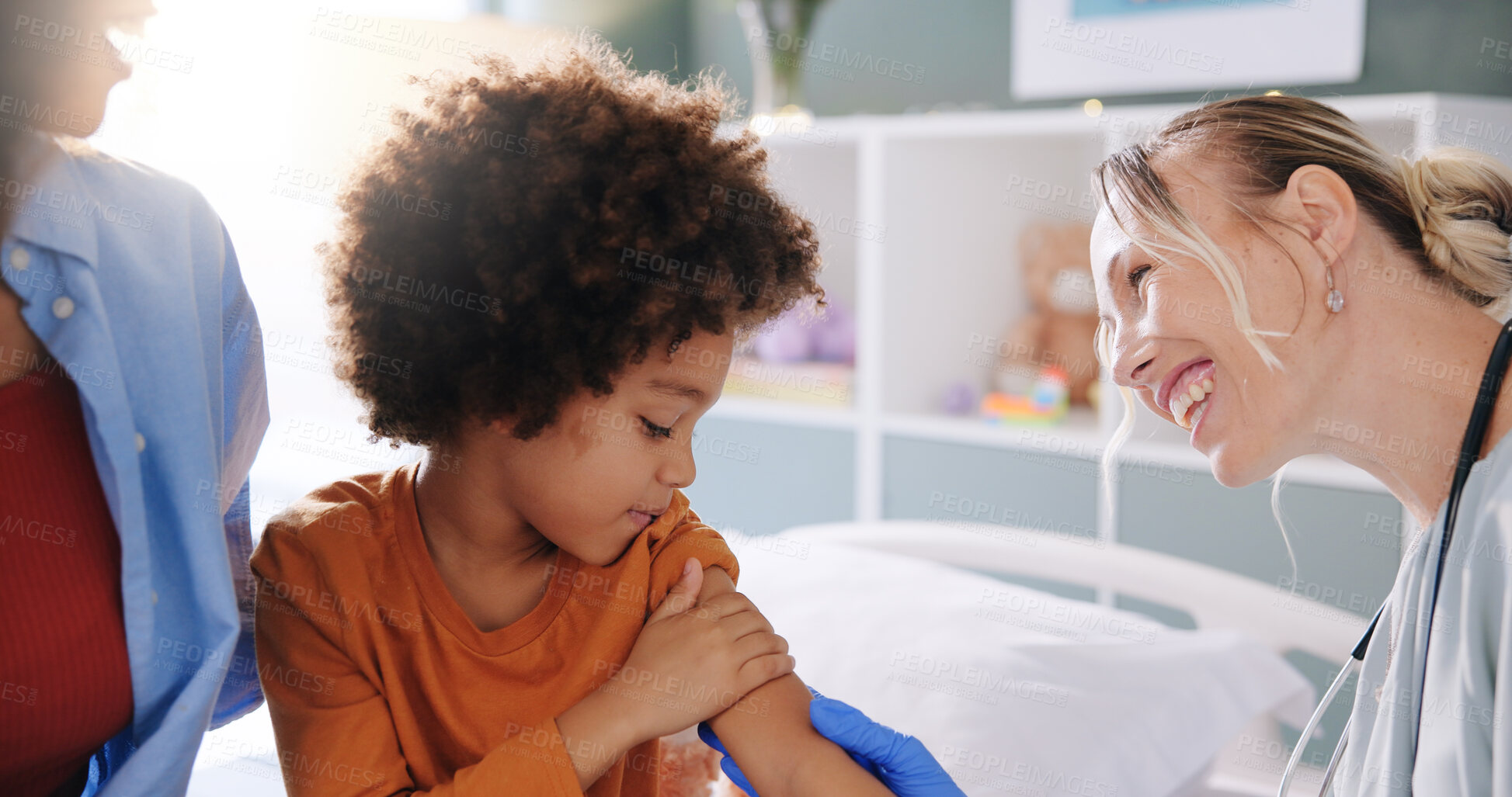 Buy stock photo Doctor, child and smile for injection, vaccination and hospital support for health examination. Pediatrician, medical expert and boy for consultation, immunization and flu shot healthcare appointment