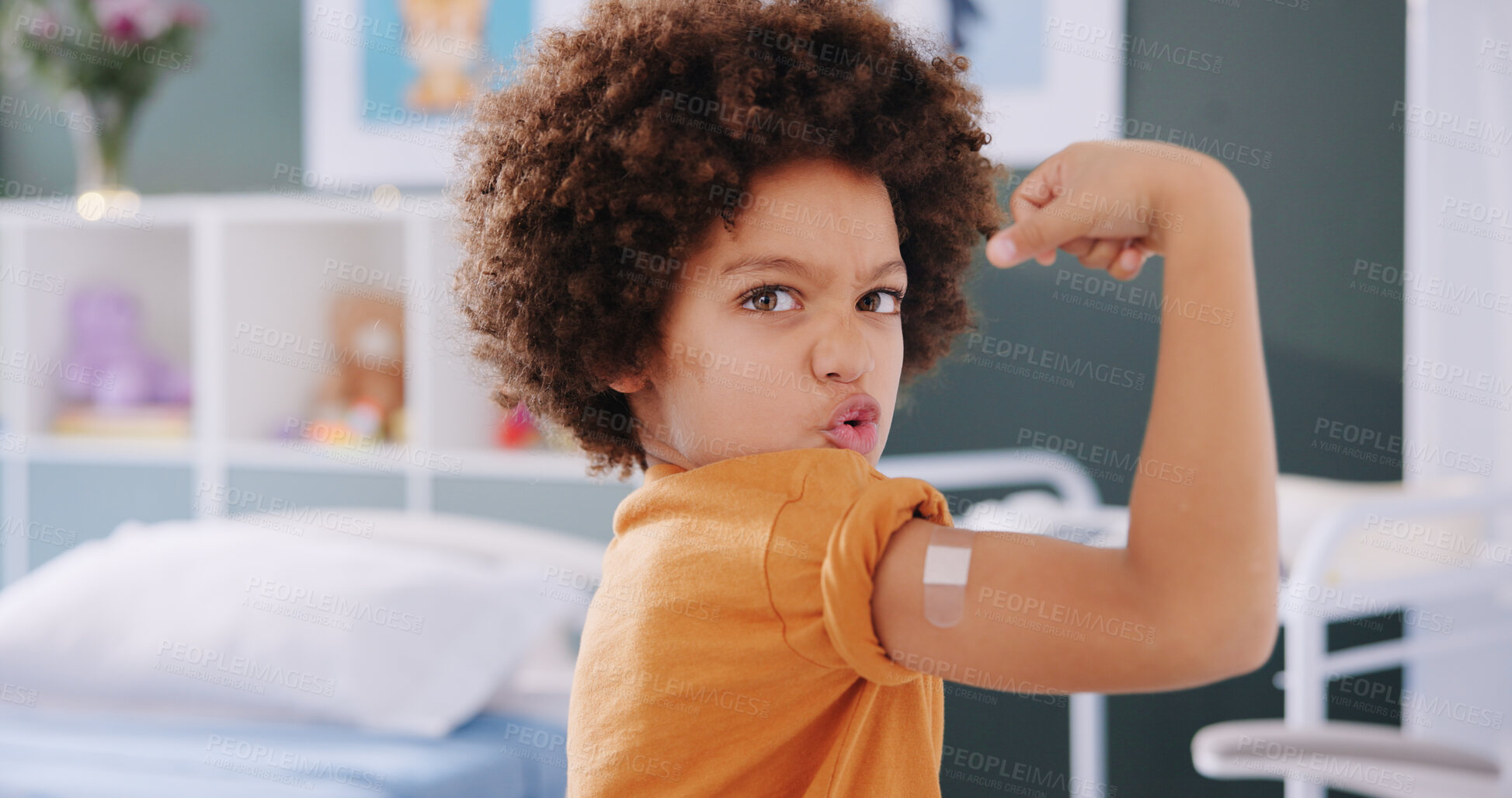 Buy stock photo Boy, flex and kid in clinic, plaster and vaccine with healthcare, wellness and injection. Hospital, childhood and patient with bandage, medical help and first aid with confidence, cure and pride