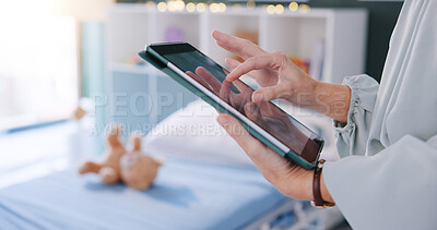 Buy stock photo Person, pediatrician and hands with tablet for childcare research, youth development or medical results at clinic. Closeup, child specialist or practitioner with technology for schedule treatment