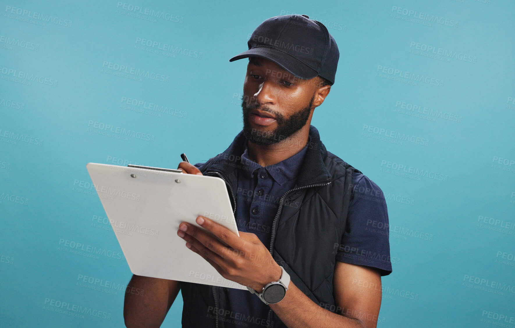 Buy stock photo Notes, studio and delivery man with clipboard, business and preparing for logistics and distribution. Mockup space, blue background and courier person with checklist, writing and info for cargo