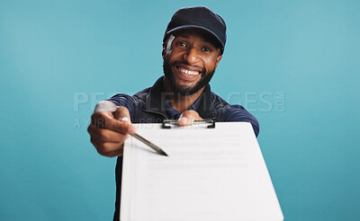 Buy stock photo Signature, studio and delivery man with clipboard, portrait and preparing for logistics and distribution. Mockup space, blue background and courier person with checklist, writing and info for cargo