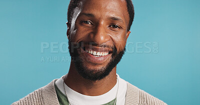 Buy stock photo Portrait, graphic designer and black man in studio, smile and confident guy on blue background. African person, creative agency and illustrator with talent, consultant and business owner with pride