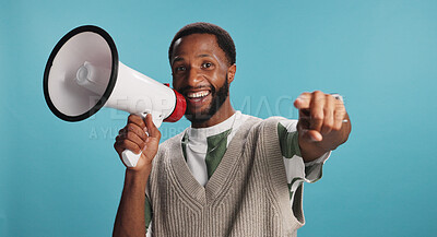 Buy stock photo Portrait of black man, megaphone or smile for pointing to news announcement on blue background. You. microphone or selection for advertising sales, discount and call out for deal, promotion and offer