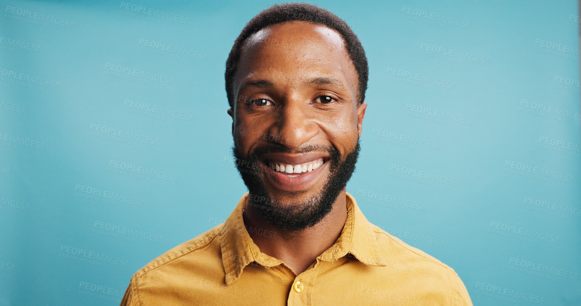 Buy stock photo Proud, portrait and man with smile, studio and positive mindset for career growth, creative and business. Blue background, mockup space and black person with confidence, writer or freelancer in Kenya