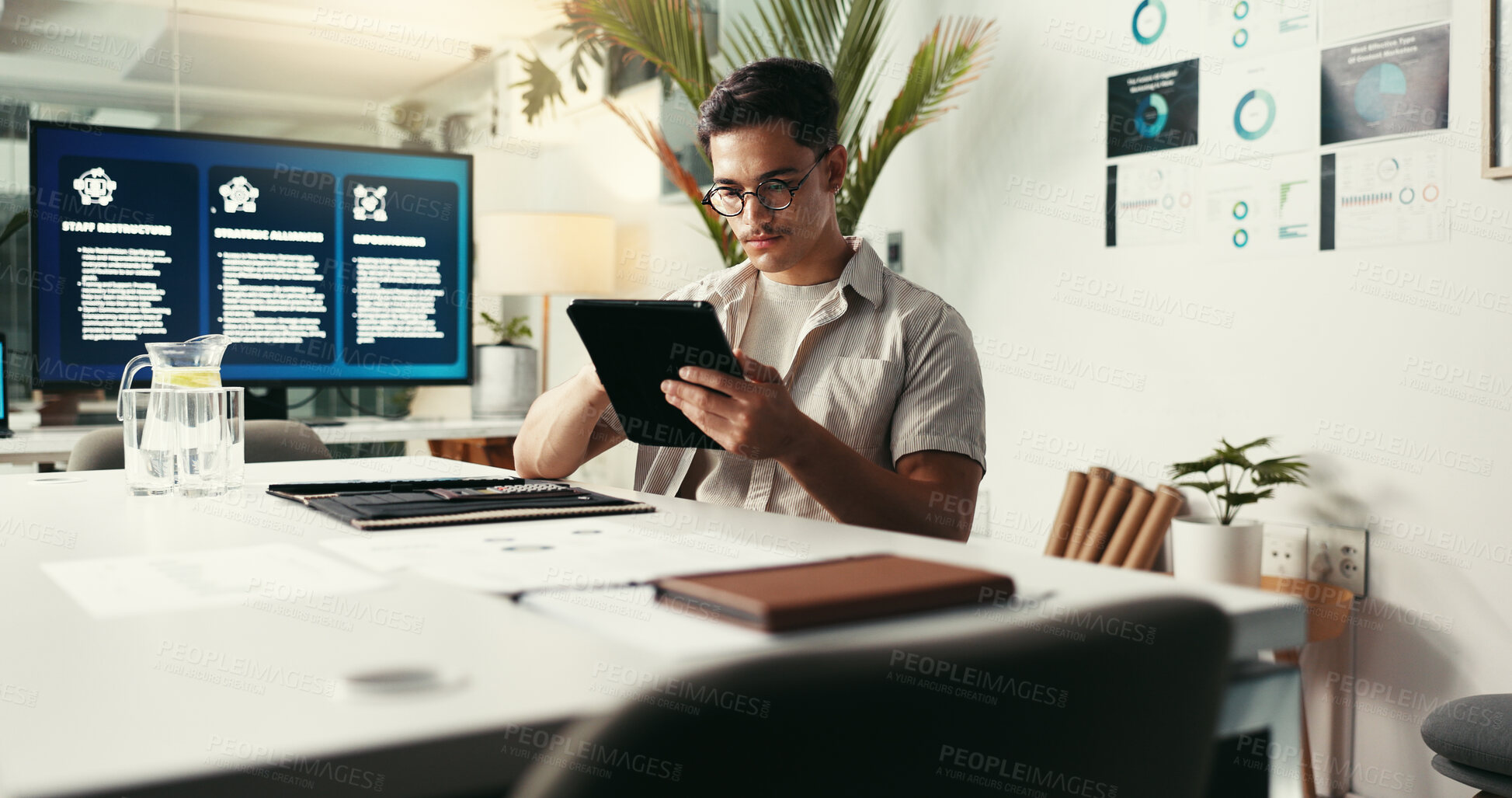 Buy stock photo Project, creative or man on tablet in startup for analytics report, analysis or online research. Engagement, tech or content strategist reading digital marketing trends or social media app growth
