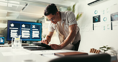 Buy stock photo Research, creative or man on tablet in startup for analytics report, data analysis or online profit. Engagement, sales or touchscreen in agency for digital marketing trends or social media growth