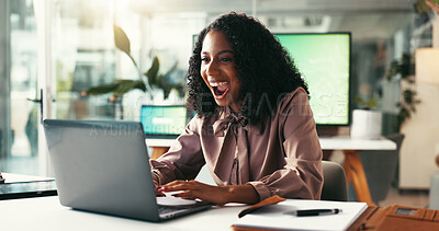 Buy stock photo Office, excited and woman with laptop, email or online review for design business success. Wow, yes and happy website consultant at desk with computer, good news and celebration at digital agency
