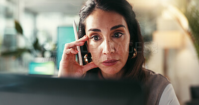 Buy stock photo Business, thinking and woman with stress, laptop and mistake with deadline, thoughtful and solution. Fail, web designer and employee in workplace, problem solving and online reading for project