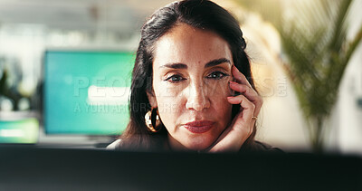 Buy stock photo Business, thinking and woman with laptop, online reading and ideas with wonder, thoughtful and solution. Person, web designer or employee in workplace, problem solving or email notification in office