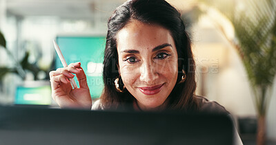 Buy stock photo Business, thinking and woman with ideas, laptop and problem solving with wonder, thoughtful and solution. Person, consultant and employee in workplace, smile and online reading for project and email