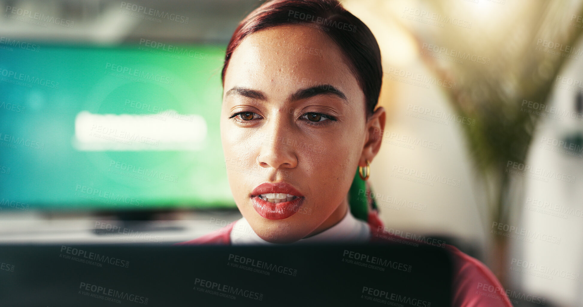 Buy stock photo Business, thinking and woman in office, laptop and ideas with wonder, thoughtful and solution. Person, web designer and employee in workplace, problem solving and online reading for project and email