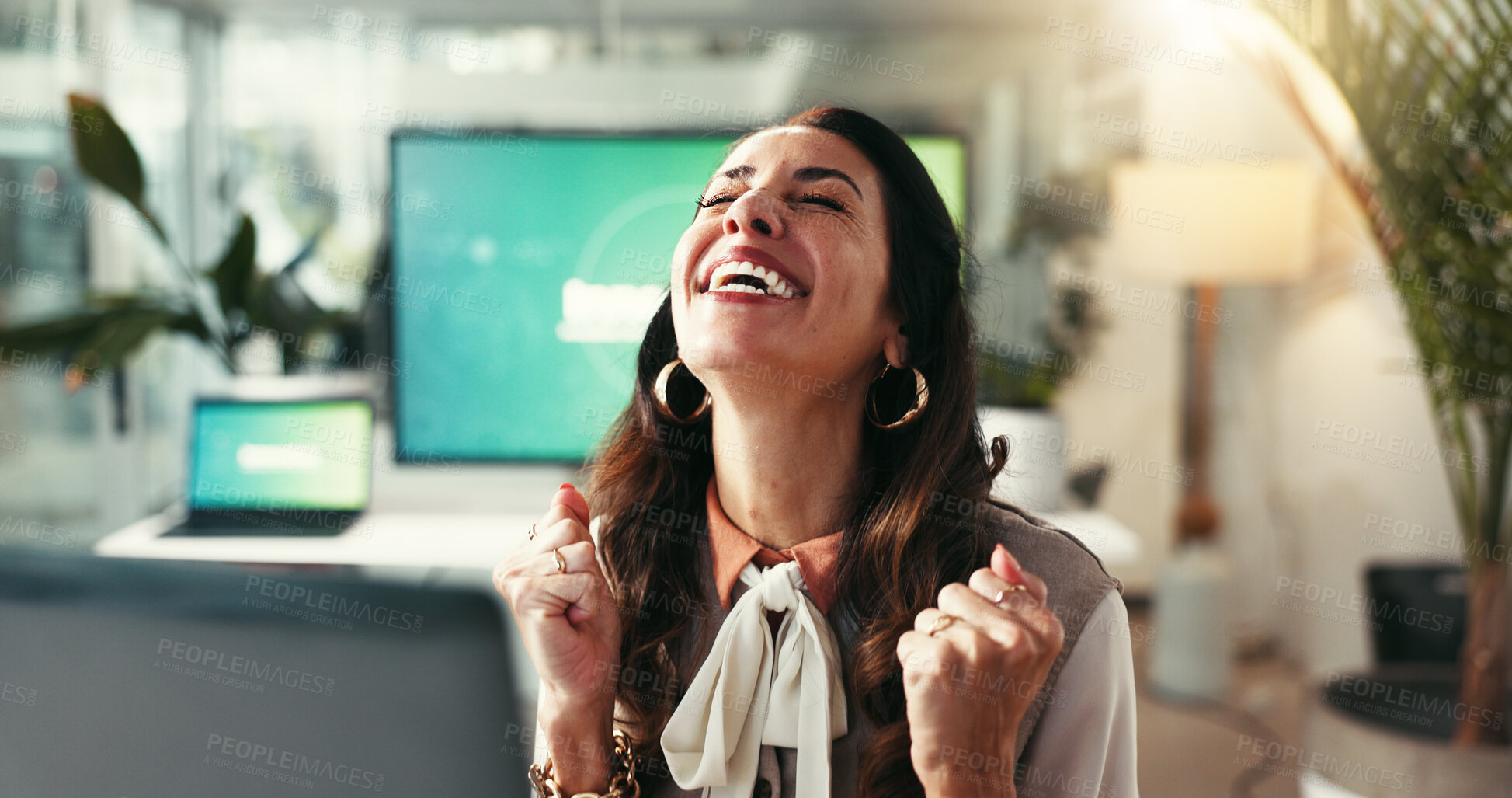 Buy stock photo Office, excited and woman with celebration, good news or online notification for business success. Wow, yes and happy web consultant at desk with computer, connection and winning at digital agency