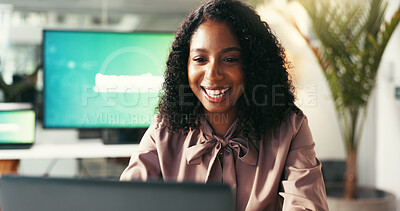 Buy stock photo Business, thinking and woman with smile, laptop and ideas with internet, thoughtful and success. Person, web designer and employee in workplace, problem solving or online reading for project or email