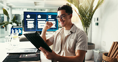 Buy stock photo Office, excited and man with tablet, good news or online notification for business budget success. Wow, yes and happy financial consultant at desk with digital app, connection and winning celebration