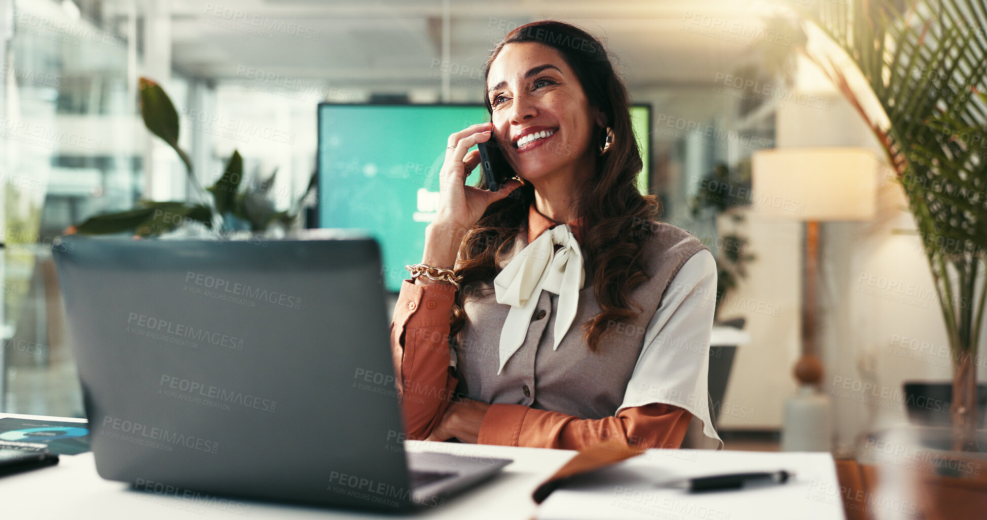 Buy stock photo Phone call, creative and woman in office, talking and communication for publishing of ebook or smile. Business, writer and negotiation for royalties of manuscript,  smartphone or planning for release
