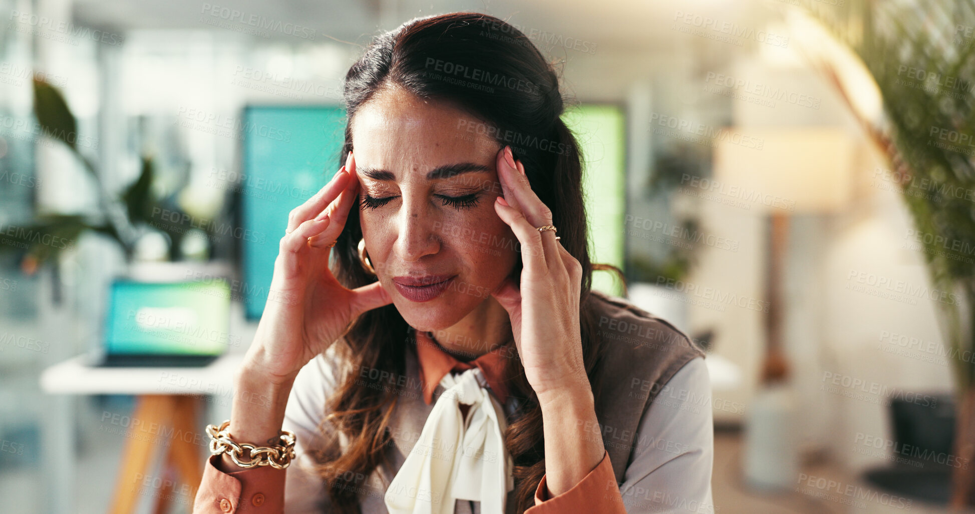 Buy stock photo Woman, business and headache in office with stress, creativity burnout and massage temples for relief. Mature designer, migraine or pain in agency with brain fog, tension and overwhelmed with anxiety