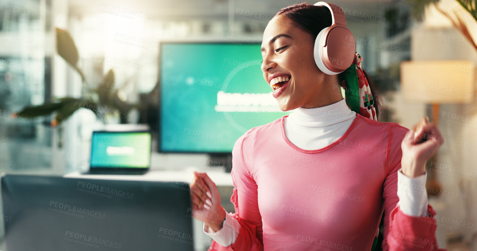 Buy stock photo Happy, woman and dancing with headphones in office for energy, moving rhythm and celebration of good news. Excited, graphic designer and listening to music, streaming audio and project achievement