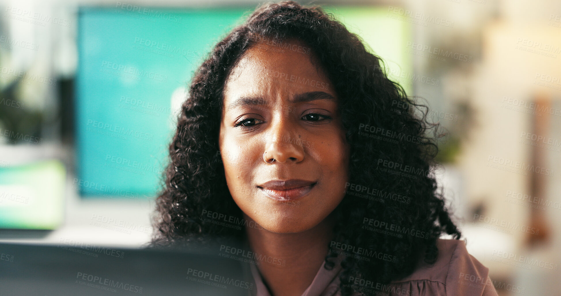 Buy stock photo Business, thinking and woman with doubt, laptop and mistake with wonder, email and solution. Person, web designer and employee in workplace, problem solving and online reading for project and option