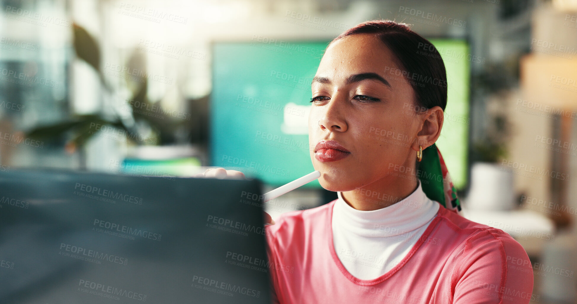 Buy stock photo Business, thinking and woman in office, laptop and ideas with wonder, email and solution. Person, graphic designer or employee in workplace, problem solving and online reading for project or creative