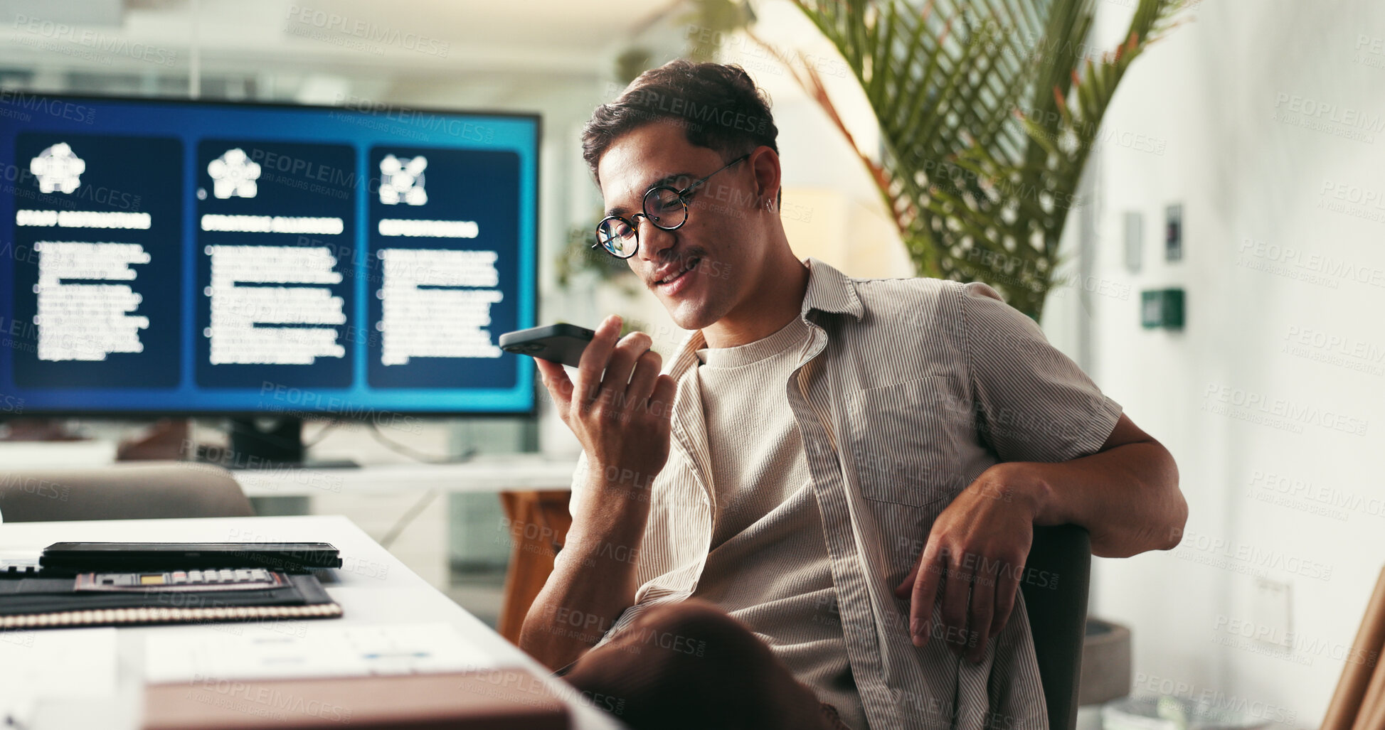 Buy stock photo Happy, voice note and man in office, talking and smile for publishing of ebook, speaker or conversation. Business, writer and negotiation for royalties of manuscript, phone call or person with mobile