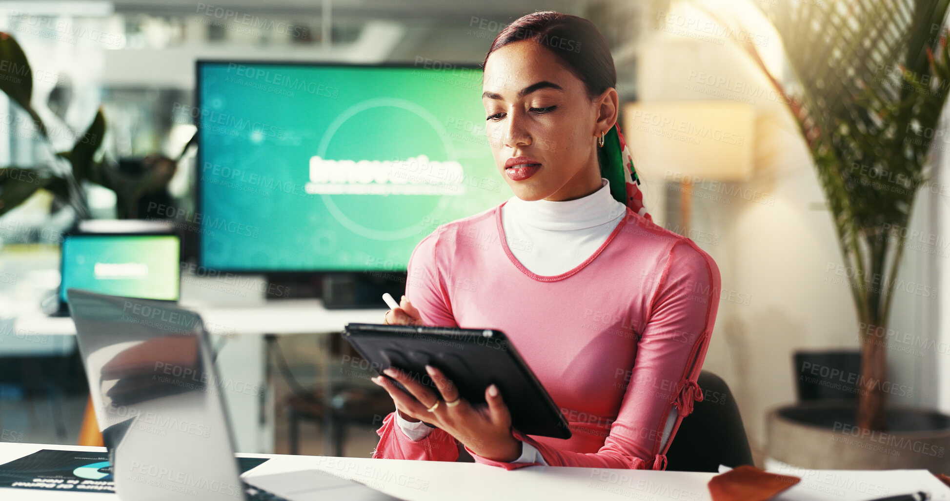Buy stock photo Graphic designer, tablet and creative woman online for visual design, drawing or sketch. Startup, technology or professional with pen for business research, art or logo development for media brand