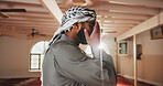 Religion, Muslim and man in Mosque for praying, worship and faith in religious building. Spiritual, Allah and person with hands for Ramadan Kareem, culture and Islamic belief in Saudi Arabia temple