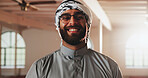 Happy, mosque and portrait of Muslim man with smile in religious building for prayer, worship and faith. Religion, Allah and person for praying, culture and Islamic belief in Saudi Arabia temple