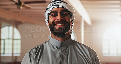 Buy stock photo Happy, mosque and portrait of Muslim man with smile in religious building for prayer, worship and faith. Religion, Allah and person in turban for praying, culture and Islamic belief in Saudi Arabia