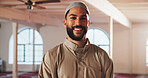 Happy, Muslim and portrait of man in mosque with smile for prayer, worship and faith in religious building. Religion, Allah and person for praying, culture and Islamic belief in Saudi Arabia temple