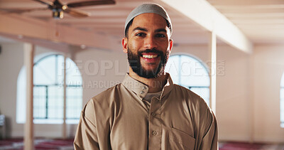 Buy stock photo Happy, Muslim and portrait of man in mosque with smile for prayer, worship and faith in religious building. Religion, Allah and person for praying, culture and Islamic belief in Saudi Arabia temple