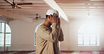 Religion, mosque and Muslim man for praying, worship and faith in religious building. Spiritual praise, Allah and person with prayer hands for Ramadan Kareem, blessing and Islamic belief in temple