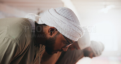 Buy stock photo Muslim men, prayer and bow in mosque for religion, faith and worship Allah on Ramadan. Islam, holy people and group in spiritual temple for peace, hope and praise for devotion together on Eid