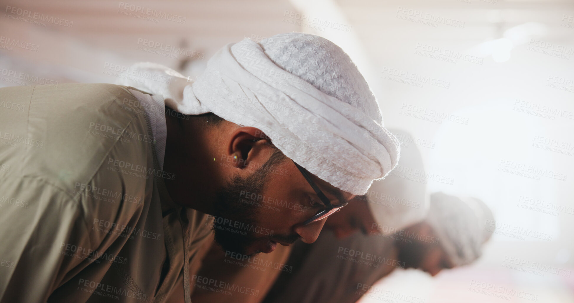 Buy stock photo Muslim men, prayer and bow in mosque for religion, faith and worship Allah on Ramadan. Islam, holy people and group in spiritual temple for peace, hope and praise for devotion together on Eid