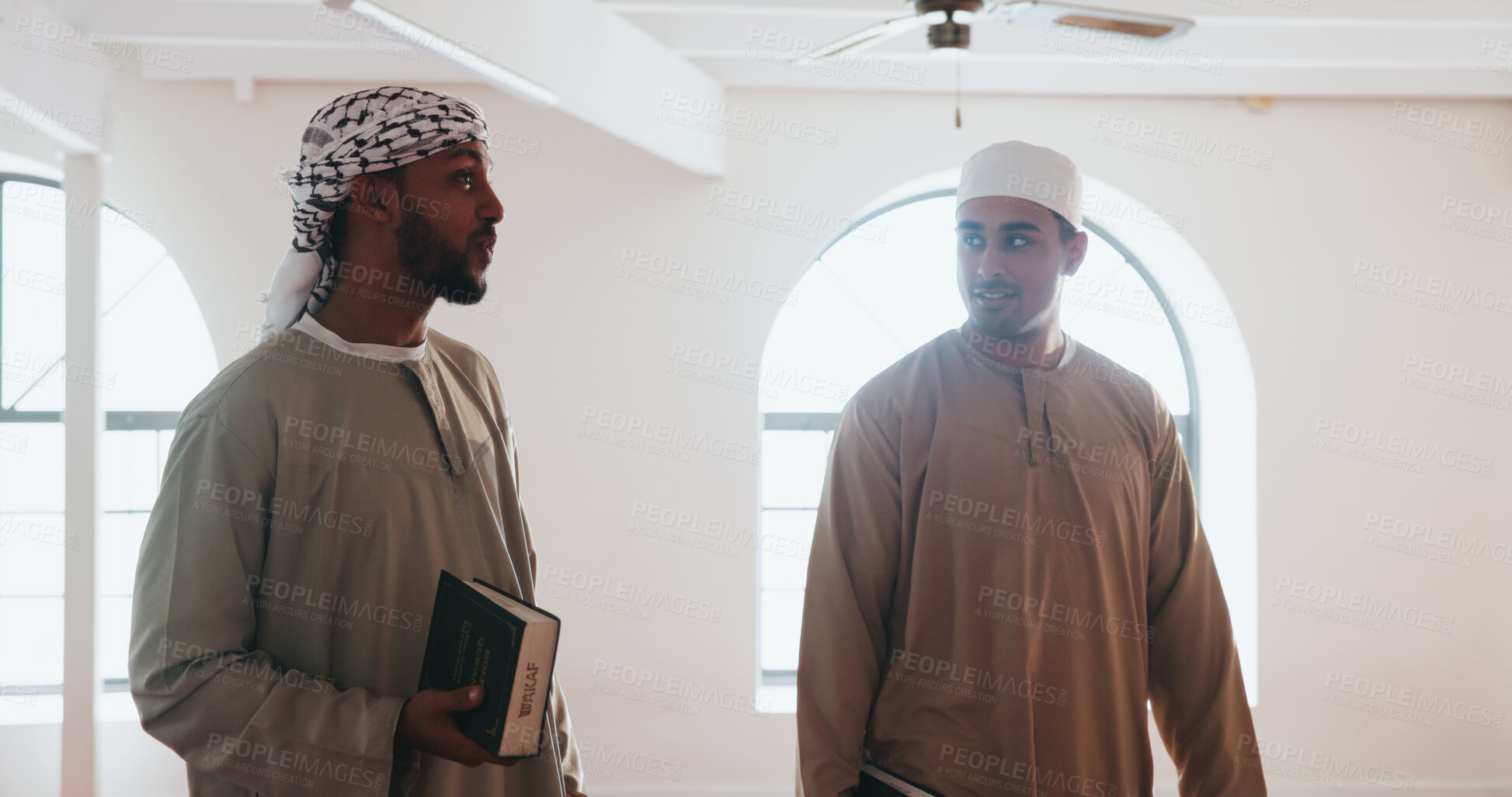 Buy stock photo Muslim, men and talking in mosque for friendship, support and Arabic community. Islam, people and Quran in temple for religious education, Eid preparation and communication for spiritual development