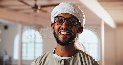 Buy stock photo Happy, mosque and portrait of Muslim man for prayer, worship and faith with smile in religious building. Religion, Allah and person for praying, culture and Islamic belief in Saudi Arabia temple