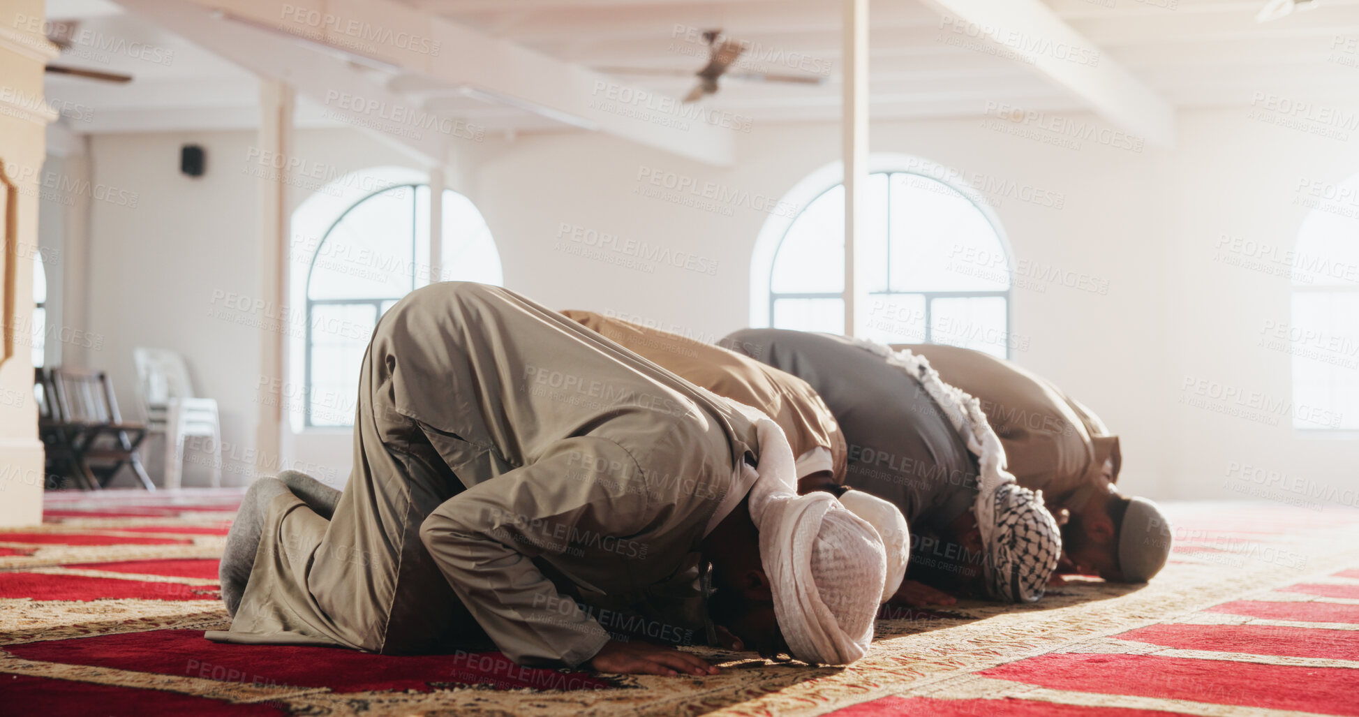 Buy stock photo Religion, prayer and group of Muslim men in Mosque for praying, worship and faith in religious building. Spiritual, Allah and people on floor for blessing, Eid Mubarak and Islamic belief for praise