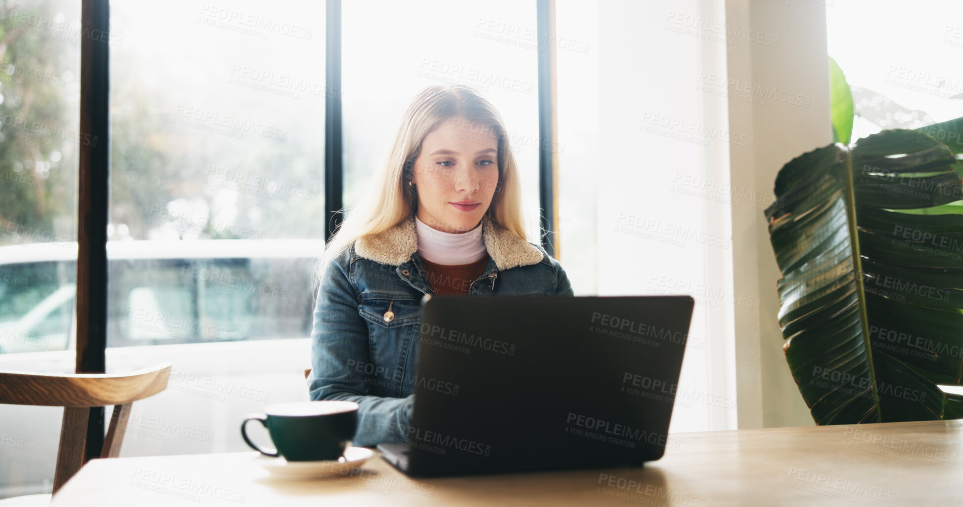 Buy stock photo Woman, laptop and remote work at cafe for drink, latte or cappuccino with freelance copywriting job. Person, computer and reading with tea cup for review, project or editing process at coffee shop
