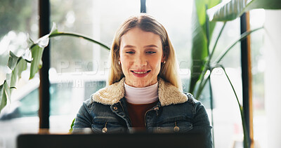 Buy stock photo Typing, smile and woman with laptop, coffee shop and freelancer with project for content creation. Creative, entrepreneur and planning for article in cafe, writer and research for remote work on desk