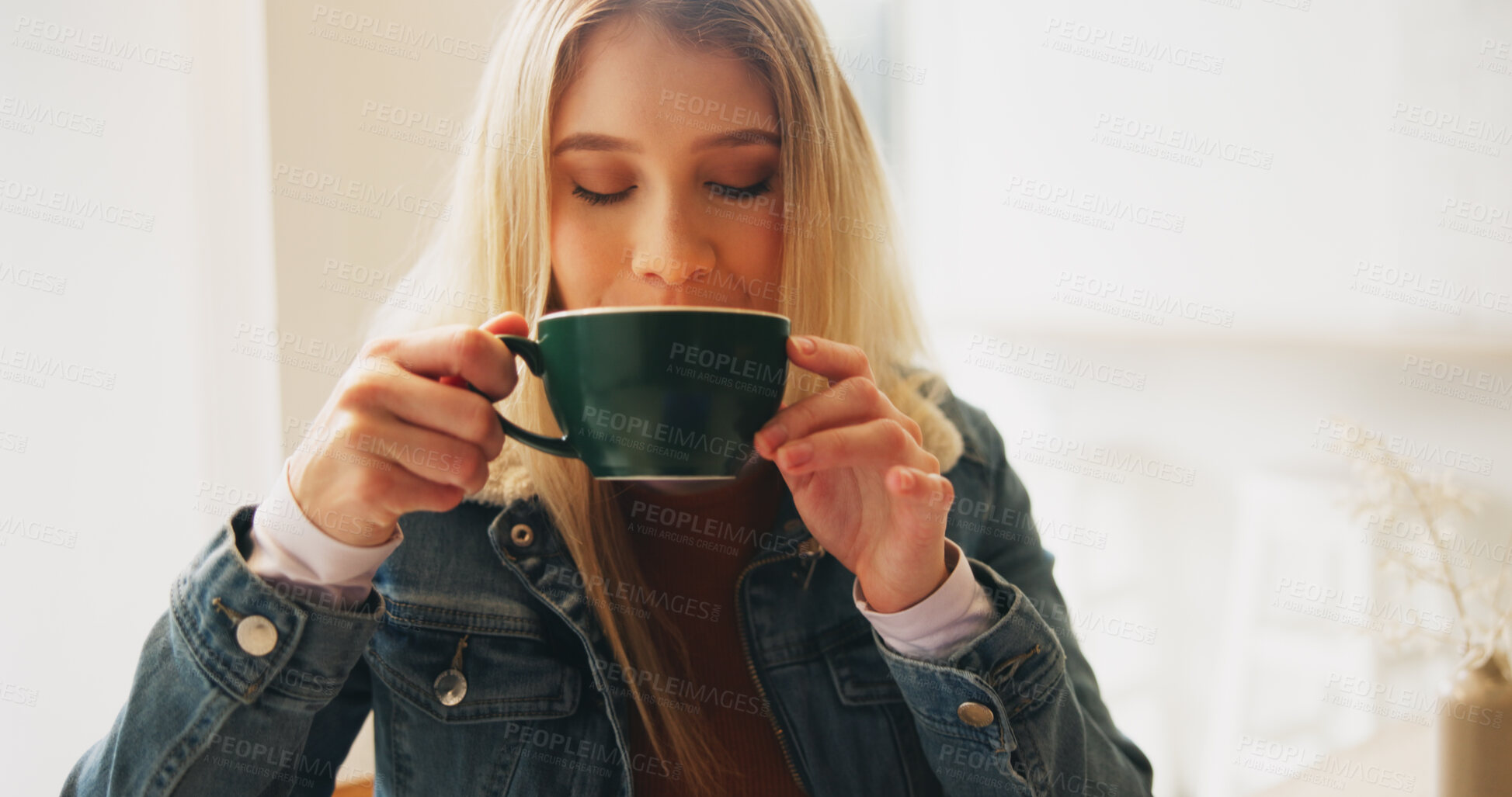 Buy stock photo Woman, smell and drink with coffee cup at cafe for reflection, thinking or eyes closed with scent in morning. Person, girl and relax with mug, tea or latte with memory, aroma and flavor at restaurant