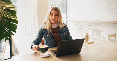 Buy stock photo Woman, laptop and cappuccino with remote work at cafe with drink, freelance and copywriting job. Person, computer and editor with coffee cup for project, proposal and start morning at restaurant