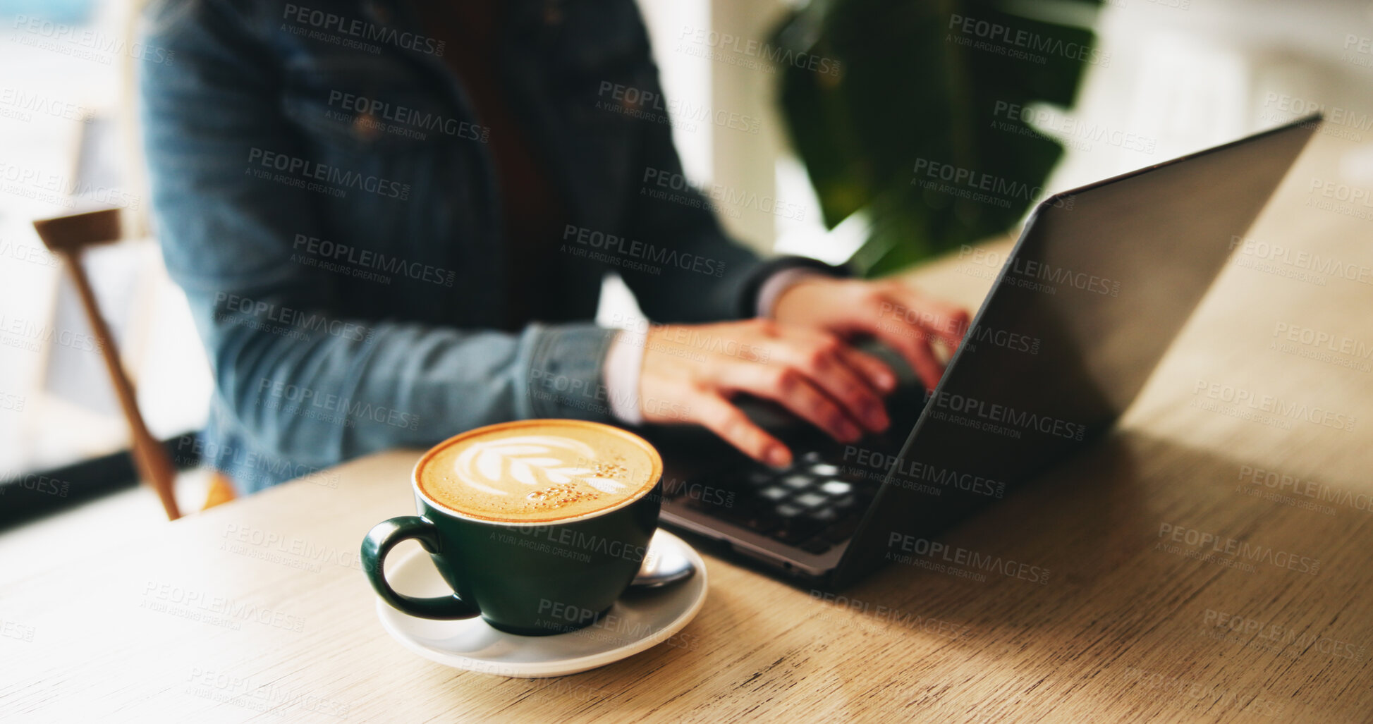 Buy stock photo Typing, hands and person with laptop, coffee shop and freelancer with project for content creation. Creative, entrepreneur and planning for article in cafe, writer or research for remote work on desk