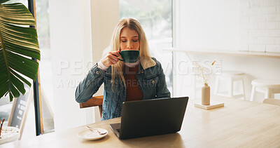 Buy stock photo Woman, laptop and drink with remote work at cafe with review, freelance or report for copywriting job. Person, computer and editor with coffee cup for project, proposal or start morning at restaurant