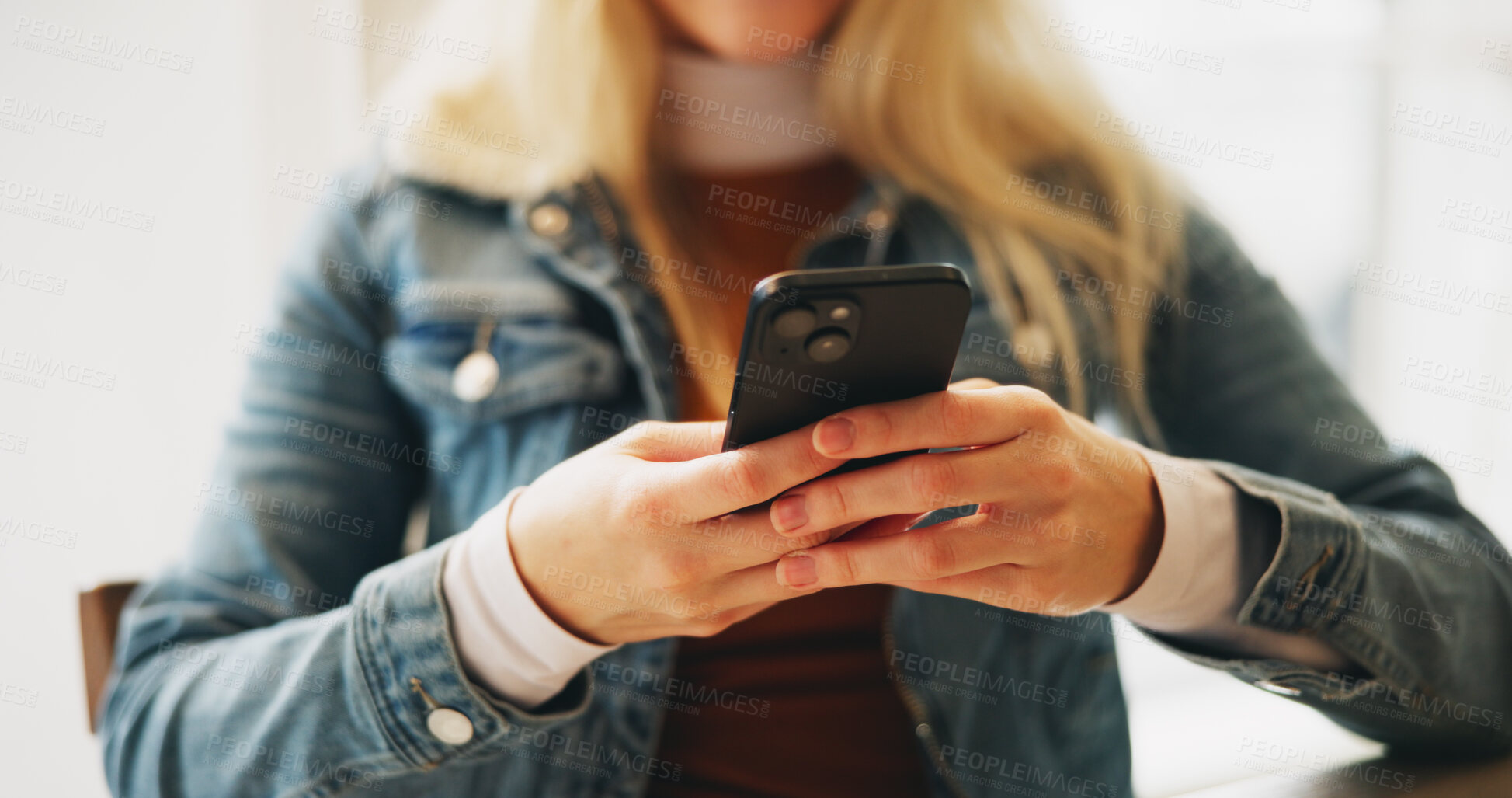 Buy stock photo Hands, typing and woman with cellphone, internet and connection with social media. Closeup, person and girl with smartphone, texting and communication with message to contact, digital app or network