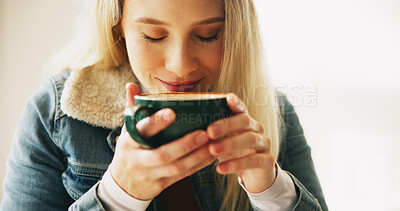 Buy stock photo Aroma, coffee and morning with woman in home for fresh caffeine beverage in cup to start day. Drink, scent and smelling with happy person at apartment for warm cappuccino, cocoa or latte in mug