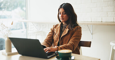 Buy stock photo Woman, laptop and typing with remote work at coffee shop with proposal, freelance and copywriting job. Person, computer and editor with feedback, project management and start morning at restaurant
