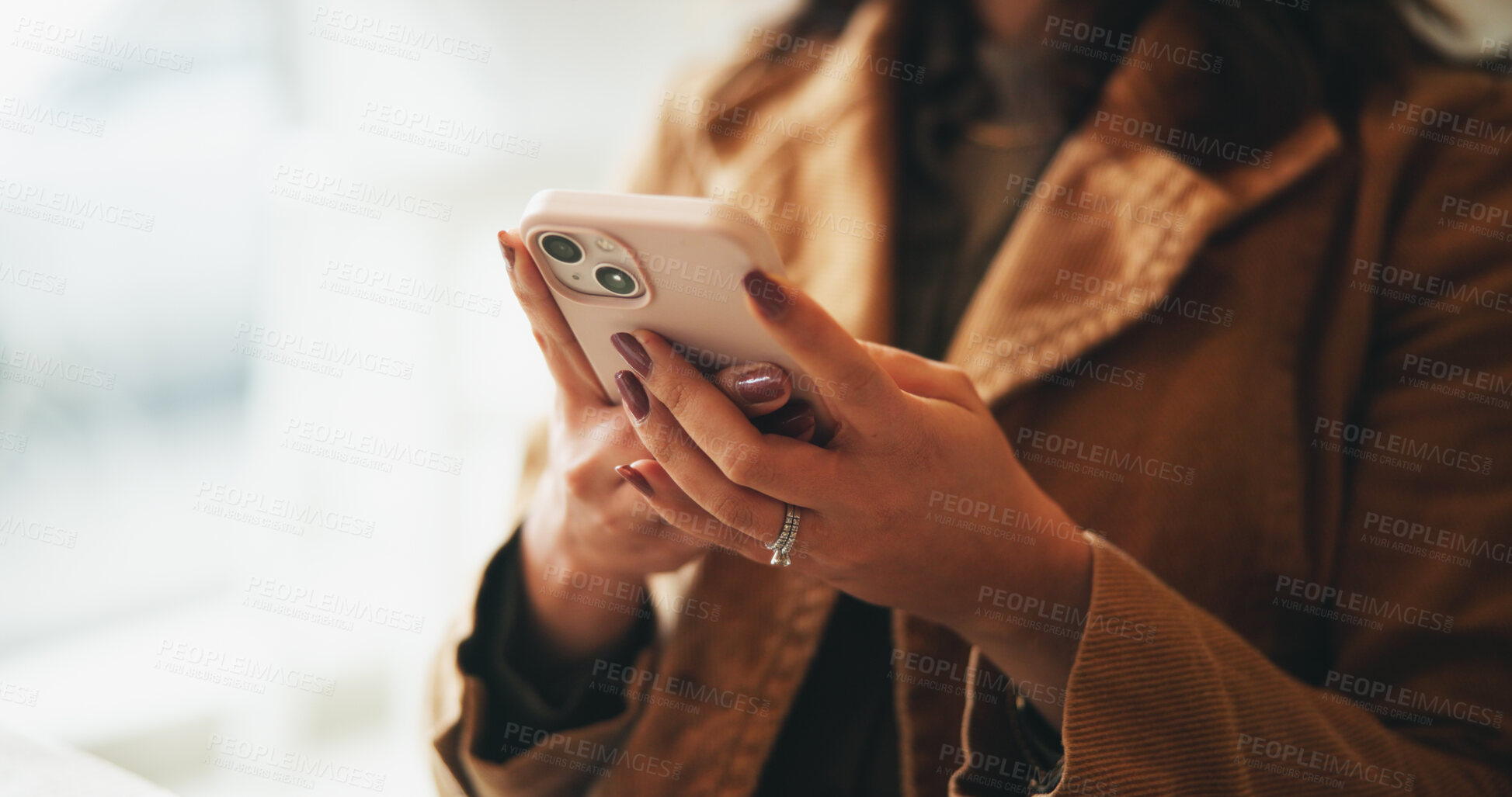 Buy stock photo Hands, typing and woman with smartphone, internet and connection with social media. Closeup, person and girl with cellphone, mobile user and communication with message to contact, digital app or text