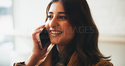 Buy stock photo Woman, smile and phone call in office for contact, business arrangement and planning. Journalist, happy and tech in agency for conversation, resources and connectivity with new opportunity for story