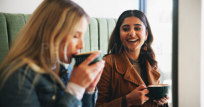 Women, friends and laugh with drink at cafe with conversation, memory and funny joke for bonding. Girl, people and relax with talk, cappuccino and listening with chat, gossip or story at coffee shop